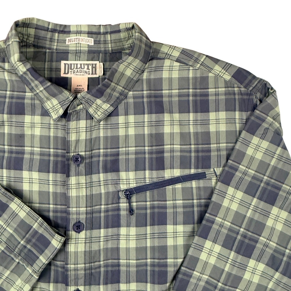 Duluth Trading Co Untucked Mens 2XL Green Plaid Nylon Long Sleeve Hiking Shirt
